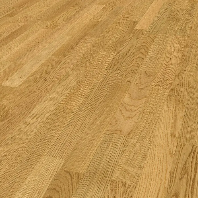 Parador Parkett Basic 11.5 - Natur Eiche, Schiffsboden, 2.200 x 185 x 11,5 mm - Detailaufnahme eines warmen, honigfarbenen Eichenparkettbodens, der eine natürliche und einladende Atmosphäre ausstrahlt.