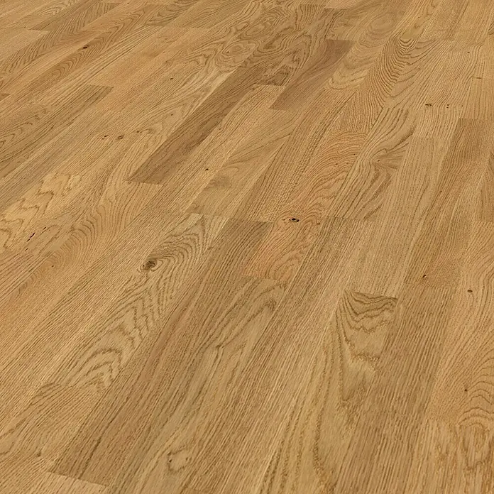 Parador Parkett Basic 11.5 - Eiche astig, Schiffsboden, 2.200 x 185 x 11,5 mm - Nahaufnahme eines hellen, geölten Eichenparkettbodens mit deutlicher Maserung und Astlöchern, ideal für warme Innenräume.