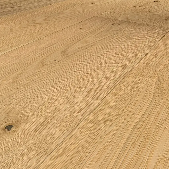 Parador Parkettmuster Classic 3025 Rustikal Eiche Soft Struktur - 200 x 233 x 13 mm, Landhausdiele - Nahaufnahme von hellbraunen Parkettdielen mit natürlichen Holzmaserungen und Astlöchern, die eine warme und einladende Atmosphäre schaffen.
