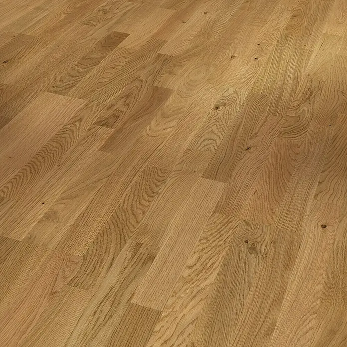 Parador Parkettmuster Basic 11.5 Rustikal Eiche astig - 200 x 185 x 11,5 mm, Schiffsboden - Nahaufnahme eines eleganten Parkettbodens. Die warmen Holztöne und die natürliche Maserung schaffen eine einladende Atmosphäre.