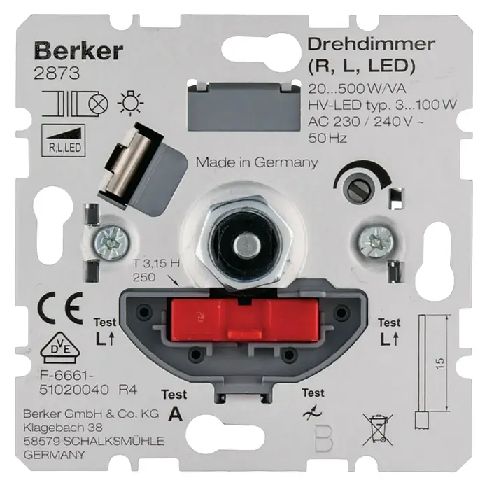 Berker Dimmer-Einsatz 2873 mit Softrastung - 500 W - Nahaufnahme eines Berker Drehdimmers 2873 (R, L, LED) mit technischen Details und Zertifizierungen, hergestellt in Deutschland.
