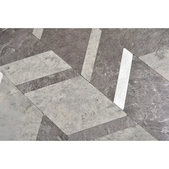 Selbstklebemosaik SAM 4AR44CDG - 28 x 29 cm, Steingrau, Matt - Nahaufnahme eines modernen Bodenbelags mit einem geometrischen Muster aus grauen und weißen Fliesen, das ein stilvolles und einzigartiges Design präsentiert.