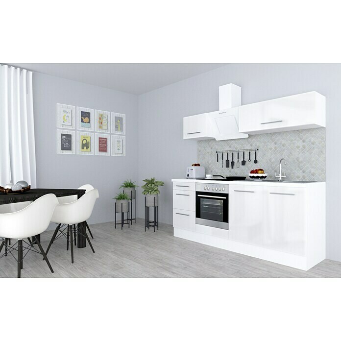 Respekta Premium Composición de cocina (Ancho: 210 cm, Con dispositivos eléctricos, Blanco de alto brillo)