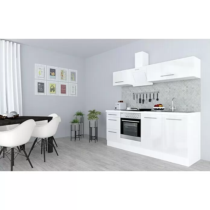 Respekta Premium Composición de cocina Amanda - Ancho: 210 cm, Blanco, Con electrodomésticos - Una elegante cocina blanca con horno y fregadero integrados, complementada con un área de comedor moderna.