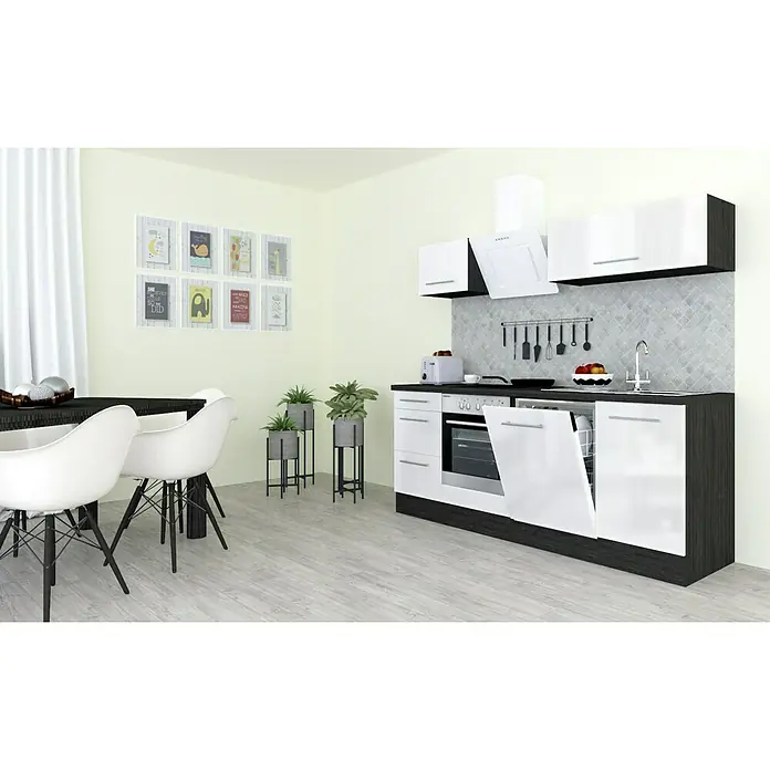 Respekta Premium Küchenzeile RP220EWCBO - Breite: 220 cm, Weiß, Mit Elektrogeräten - Helle Küche mit modernen weißen Möbeln, Dunstabzugshaube und verschiedenen Dekorationselementen für eine einladende Atmosphäre.