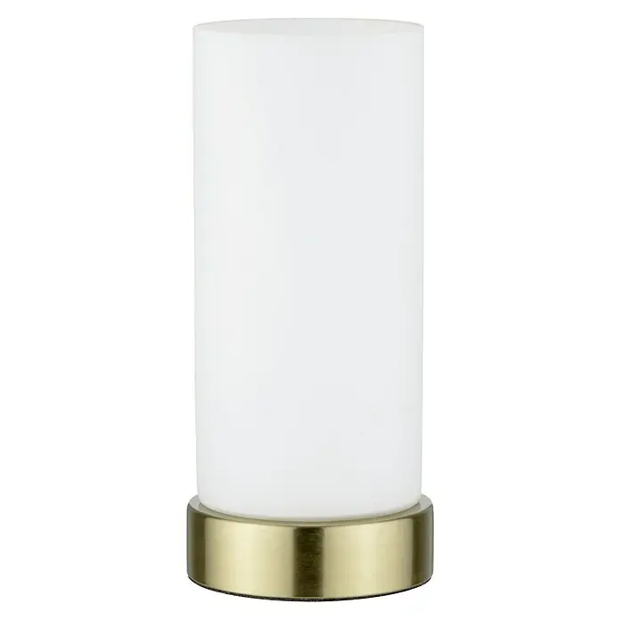 Paulmann Lámpara de sobremesa Pinja - 20 W, L x An x Al: 11 cm x 11 mm x 24,4 cm, Latón, Blanco, E14 - Primer plano de una lámpara de mesa cilíndrica con pantalla blanca y base dorada, emitiendo una luz cálida y suave.