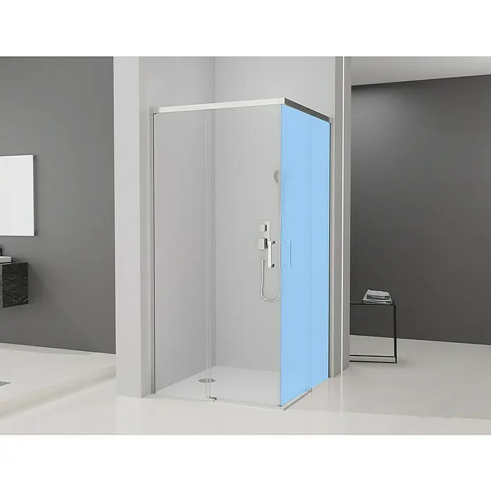Camargue Mampara de ducha esquinera Aqua angular 1 lado - 100 x 195 cm, Cromo - Elegante cabina de ducha con vidrio transparente y puerta azul. El diseño moderno se integra perfectamente en cualquier baño y ofrece una experiencia de ducha lujosa.