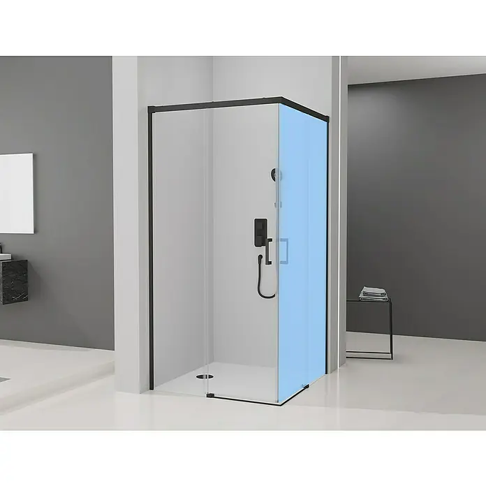 Camargue Mampara de ducha esquinera Aqua angular 1 lado - 100 x 195 cm, Negro - La cabina de ducha con marco negro le da un toque moderno al baño. La pared de acento azul agrega un toque de color fresco.