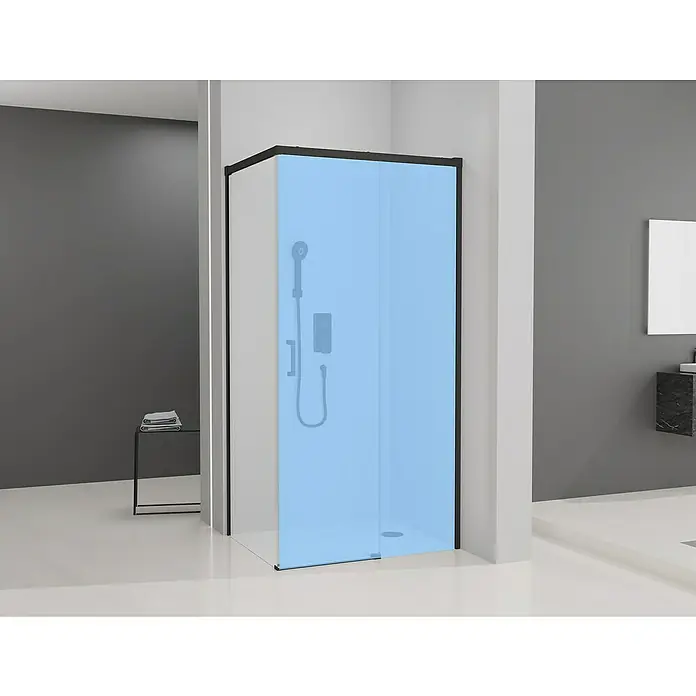 Camargue Pieza lateral para mampara de ducha Aqua - An x Al: 80 x 195 cm, Vidrio transparente, Negro - Cabina de ducha moderna con marco negro y vidrio tintado azul claro, que ofrece una estética elegante y minimalista para cualquier baño.