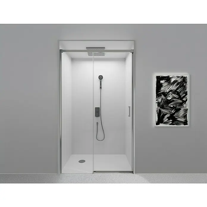 Camargue Mampara de ducha frontal Aqua - 160 x 195 cm, Espesor de vidrio: 6 mm, Cromo - La imagen muestra una cabina de ducha moderna con líneas limpias, puerta de vidrio y ducha integrada, enfatizando un diseño minimalista.