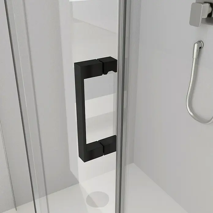 Plato de ducha Adriatic, mampara y sistema de ducha Hera - L x An: 70 x 120 cm, Plato: blanco Mampara y grifería: negro, 3 pzs. - Detalle de una manija negra para puerta de ducha. Este diseño elegante mejora cualquier baño y añade un toque de sofisticación.