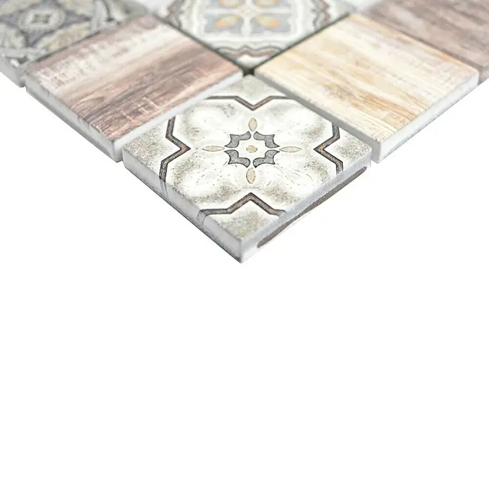 Mosaikfliese Quadrat Crystal XCM WOOD 100 - 30 x 30 cm, Beige, Glänzend - Nahaufnahme von quadratischen Dekofliesen mit unterschiedlichen Mustern, ideal für Küche oder Bad.