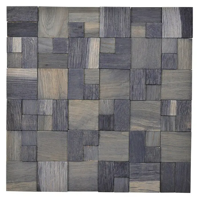 Selbstklebemosaik Wood SWM MC11B - 30 x 30 cm, Anthrazit, Matt - Eine Nahaufnahme eines Wandpaneels aus unterschiedlich großen, grauen Holzquadraten, die ein geometrisches Muster bilden.