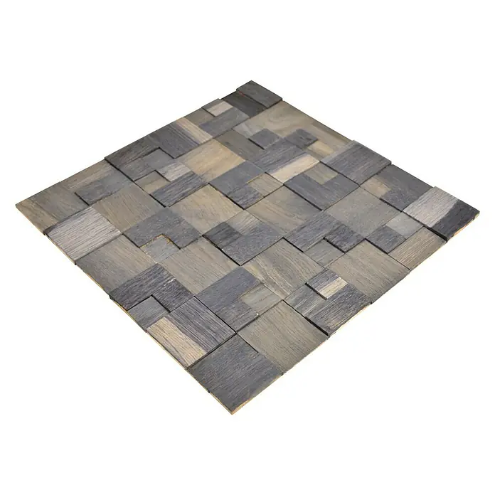 Selbstklebemosaik Wood SWM MC11B - 30 x 30 cm, Anthrazit, Matt - Nahaufnahme eines Mosaiks aus unterschiedlich hohen Holzquadraten, die eine interessante Textur erzeugen. Ideal für Akzentwände.