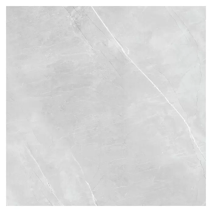 Feinsteinzeugfliese Aquila XXL - 120 x 120 cm, Grau, Glänzend - Hellgraue Marmorstruktur mit subtilen weißen und dunkelgrauen Adern, geeignet für Oberflächen oder Fliesen.