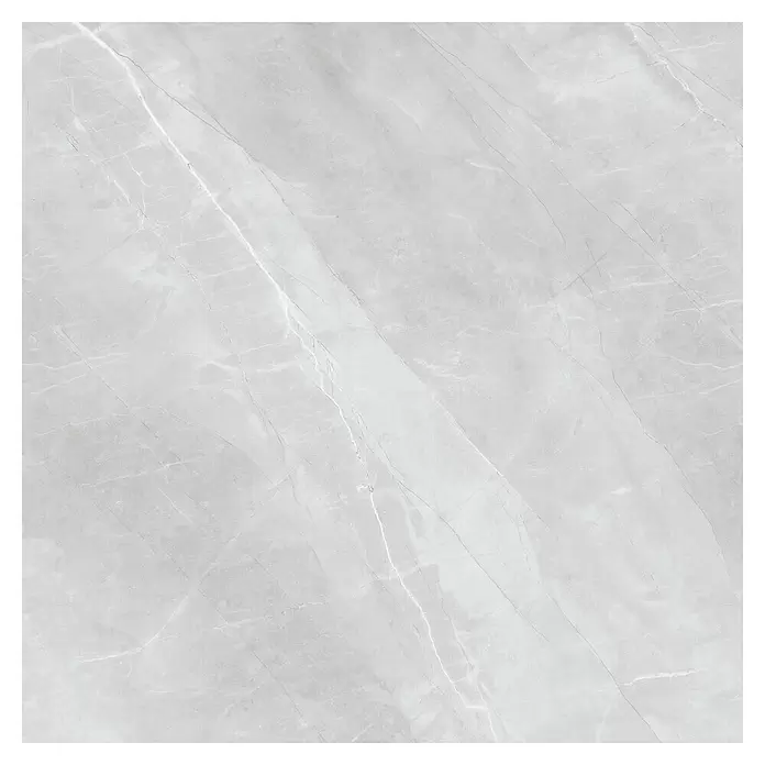Feinsteinzeugfliese Aquila XXL - 120 x 120 cm, Grau, Glänzend - Hellgraue Marmoroptik-Fliese mit feiner weißer und dunkler Maserung.