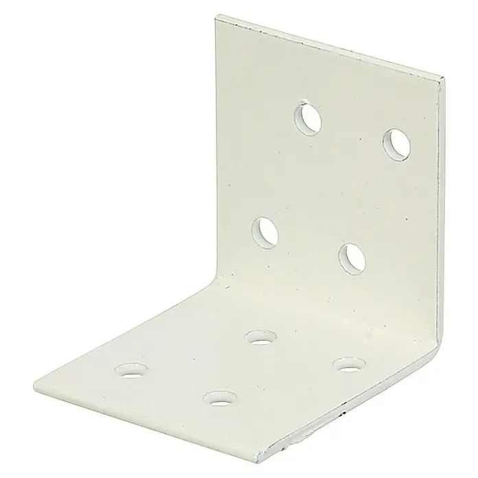 Stabilit Conector en ángulo - L x An x Al: 40 x 40 x 40 mm, Blanco, Otros - Un soporte de ángulo de metal blanco con múltiples orificios para tornillos, perfecto para crear conexiones fuertes en construcción.