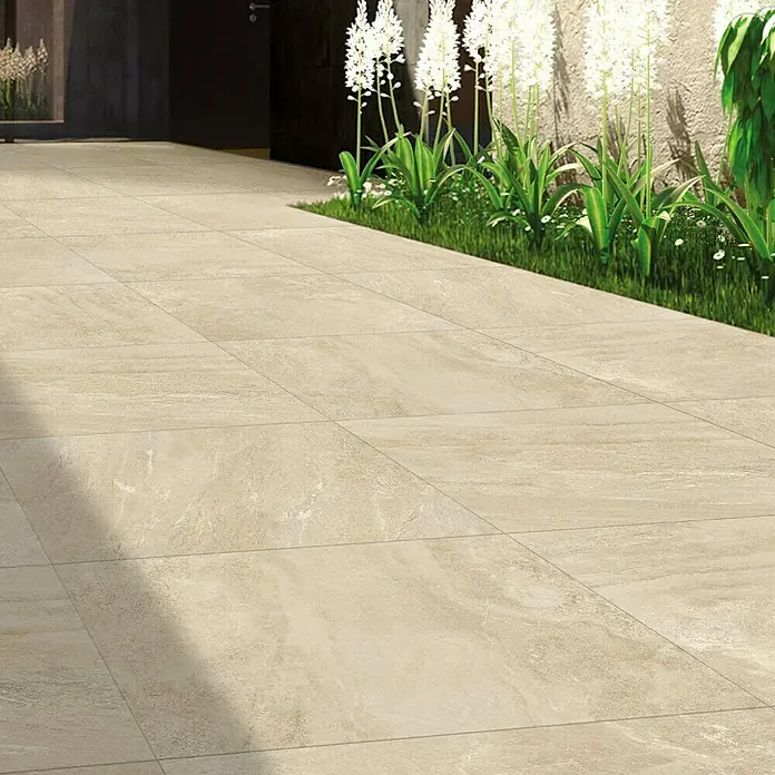 Diephaus Terrassenfliese Columbia - 60 x 60 x 4 cm, Perlmutt, Beton - Einladender Außenbereich mit eleganten Sandsteinfliesen. Die Fliesen erzeugen eine warme Atmosphäre und verbinden Haus und Garten harmonisch.