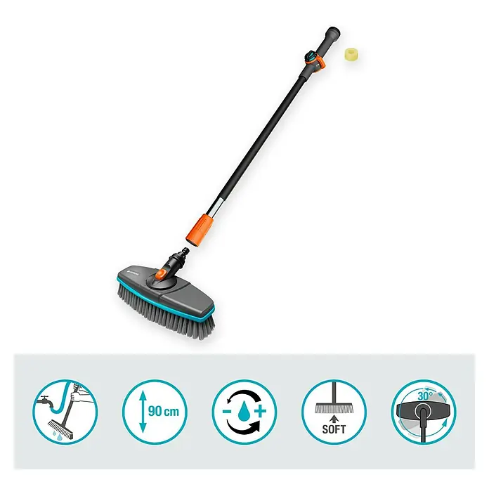 Gardena Cleansystem Waschbürsten-Set - Länge Stiel: 90 cm, Wasserführend - Abbildung einer Gardena Waschbürste mit Teleskopstiel, ideal für die Autopflege und andere Reinigungsarbeiten rund ums Haus.