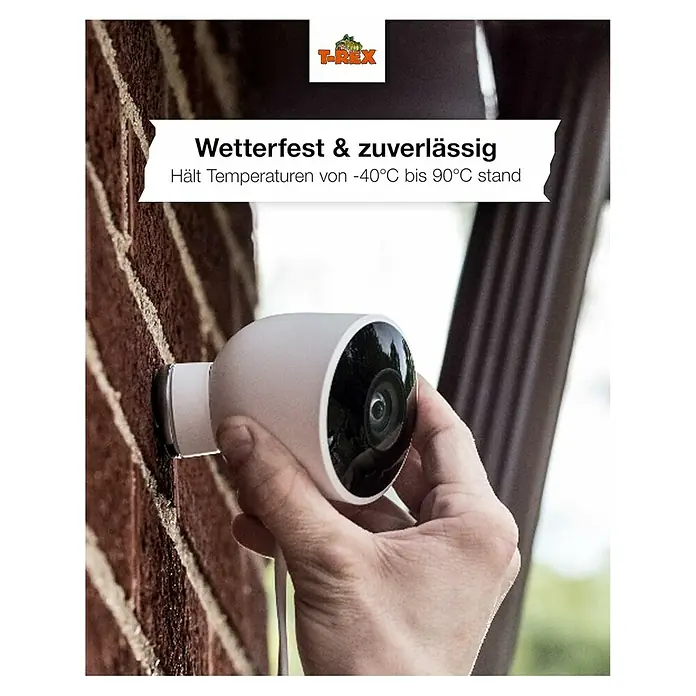 T-Rex Montageklebeband Mounting Tape - Farblos transparent, L x B: 5 m x 19 mm - Nahaufnahme einer wetterfesten T-Rex-Überwachungskamera, die Temperaturen von -40 °C bis 90 °C standhält.
