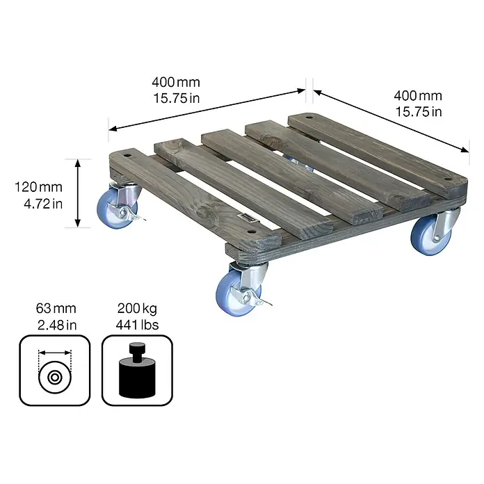 Wagner System Pflanzenroller - L x B x H: 40 x 40 x 12 cm, Holz, Grau, Max. Belastung: 200 kg - Produktbild eines Pflanzenrollers aus Holz mit Rollen und Maßangaben.