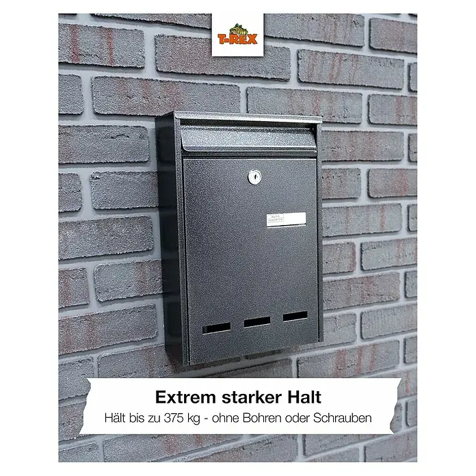 T-Rex Montageklebeband Mounting Tape - Farblos transparent, L x B: 5 m x 19 mm - Bild einer grauen T-REX Briefkastenanlage an einer Backsteinmauer, die ohne Bohren hält.