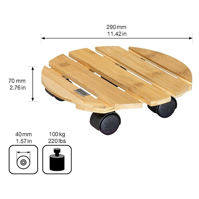 Wagner System Soporte con ruedas para plantas Roller bambú (L x An x Al: 29 x 29 x 7 cm, Bambú, Carga máx.: 100 kg) | BAUHAUS