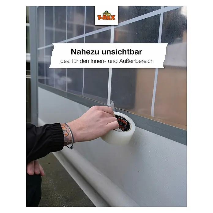 T-Rex Reparaturklebeband All Weather Tape - 25 m x 48 mm - Ein fast unsichtbares T-REX Klebeband wird auf eine transparente Oberfläche geklebt, ideal für Innen- und Außenbereiche.