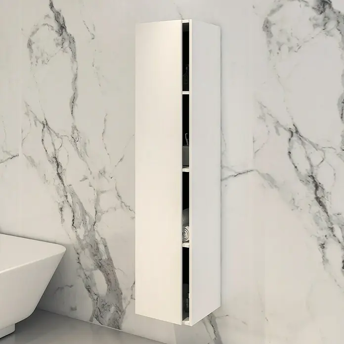 Disbain Armario colgante de baño Vega - L x An x Al: 35 x 35 x 160 cm, Blanco - Un armario de baño blanco con puerta abierta contra una pared de mármol, que proporciona espacio de almacenamiento adicional y complementa el diseño moderno del baño.
