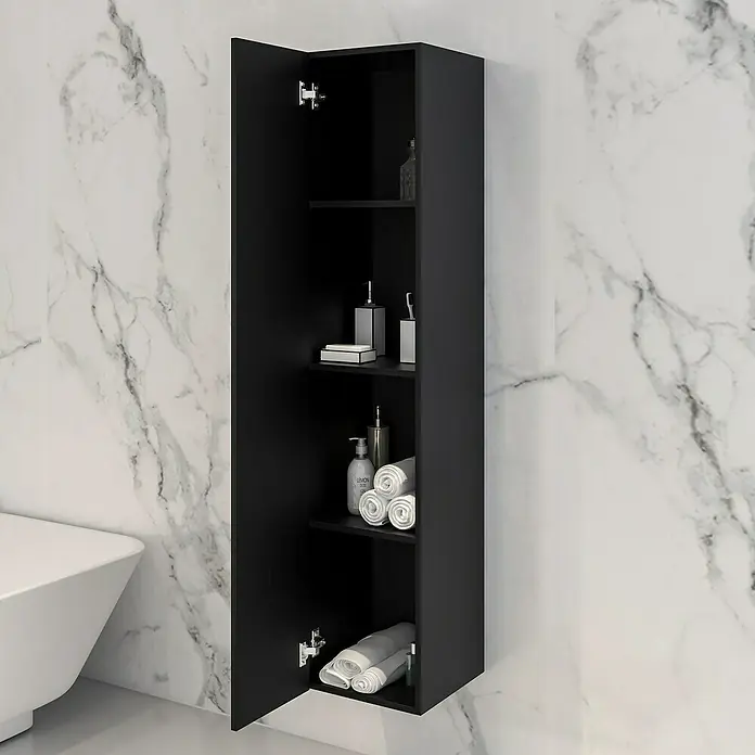 Disbain Armario colgante de baño Vega - L x An x Al: 35 x 35 x 160 cm, Negro - Armario de baño negro con puerta abierta, que muestra artículos de tocador y toallas en varios estantes.