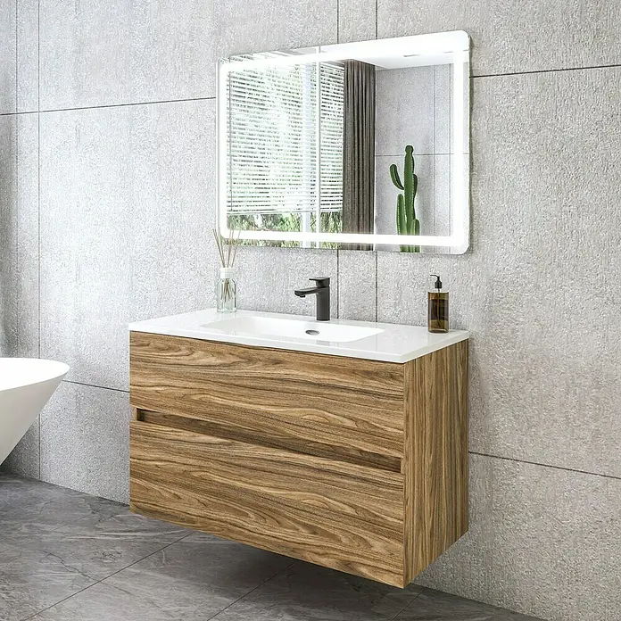 Disbain Conjunto de mueble de baño Kuntur - Ancho: 100 cm, Palisandro, 3 pzs. - Baño moderno con tocador de madera y espejo iluminado para un ambiente elegante.