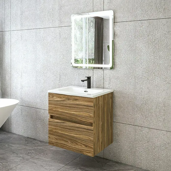 Disbain Conjunto de mueble de baño Kuntur - Ancho: 60 cm, Palisandro, 3 pzs. - Tocador de baño con acabado de madera y espejo con iluminación integrada para un aspecto moderno.