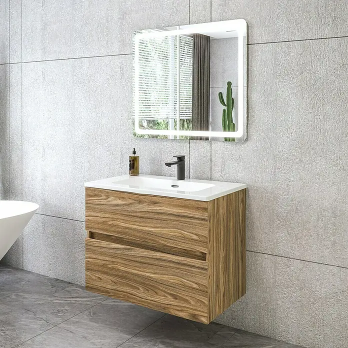 Disbain Conjunto de mueble de baño Kuntur - Ancho: 80 cm, Palisandro, 3 pzs. - Mueble de baño moderno con acabado de madera, lavabo blanco y espejo iluminado sobre una pared gris. Diseño elegante para tu baño.