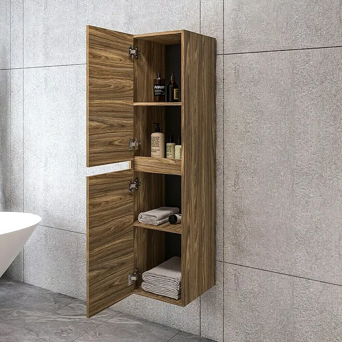 Disbain Armario colgante de baño Kuntur - L x An x Al: 35 x 35 x 140 cm, Palisandro - Armario de madera marrón con dos puertas abiertas y estantes en una pared gris, que guarda artículos de tocador.