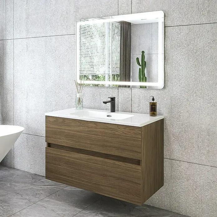 Disbain Conjunto de mueble de baño Kuntur - Ancho: 100 cm, Nogal italiano, 3 pzs. - Baño moderno con un mueble de lavabo de aspecto madera, un lavabo blanco y un espejo iluminado.