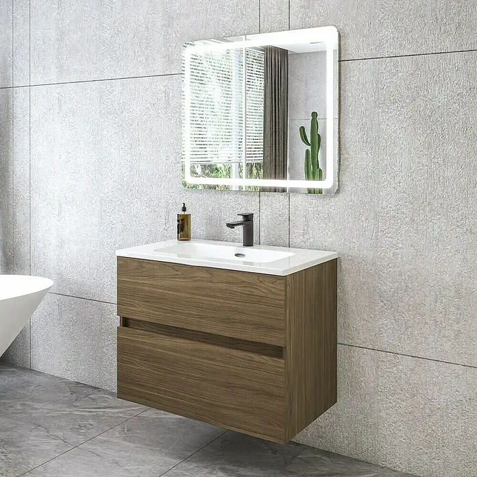 Disbain Conjunto de mueble de baño Kuntur - Ancho: 80 cm, Nogal italiano, 3 pzs. - Baño moderno con mueble de lavabo de madera con espejo iluminado para un ambiente elegante.