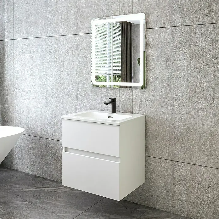 Disbain Conjunto de mueble de baño Kuntur - Ancho: 60 cm, Blanco, 3 pzs. - Un tocador de baño moderno con dos cajones y un espejo retroiluminado encima, perfecto para un baño elegante.