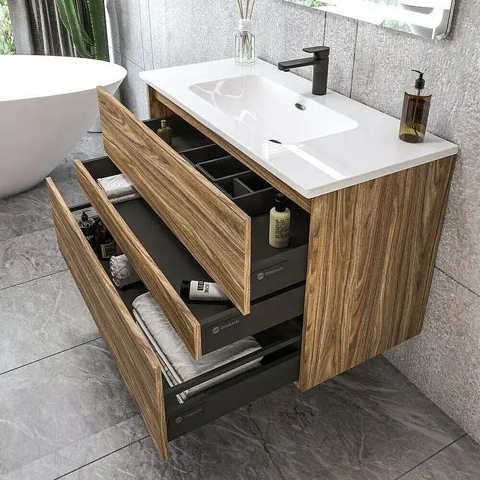Disbain Conjunto de mueble de baño Kuntur - Ancho: 100 cm, Palisandro, 3 pzs. - Un tocador moderno con un sistema de cajones abiertos ofrece soluciones de almacenamiento elegantes para su baño. El diseño elegante complementa cualquier decoración.