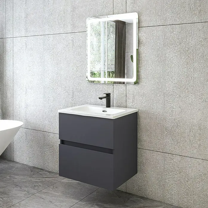 Disbain Conjunto de mueble de baño Kuntur - Ancho: 60 cm, Azul noche, 3 pzs. - Mueble de baño con armario y espejo iluminado, montado en una pared gris.
