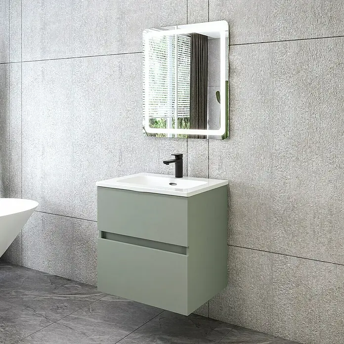 Disbain Conjunto de mueble de baño Kuntur - Ancho: 60 cm, Verde té, 3 pzs. - Mueble de baño con lavabo y espejo. Mueble moderno verde con dos cajones y un elegante espejo iluminado.