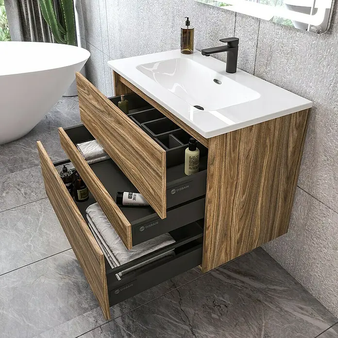 Disbain Conjunto de mueble de baño Kuntur - Ancho: 80 cm, Palisandro, Mate - La imagen muestra un moderno mueble de baño con tres cajones abiertos, ideal para baños. El diseño de madera es llamativo.
