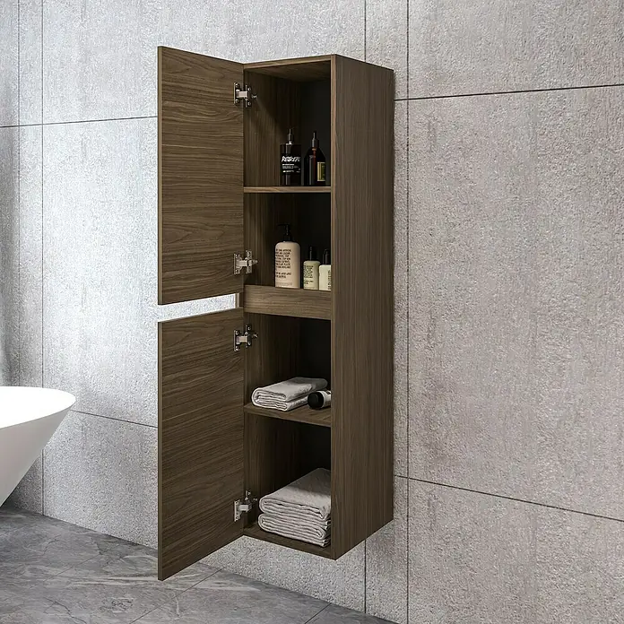 Disbain Armario colgante de baño Kuntur - L x An x Al: 35 x 35 x 140 cm, Nogal italiano - Este armario de pared con aspecto de madera ofrece una vista de toallas y productos para el cuidado con las puertas abiertas. Almacenamiento práctico en el baño.