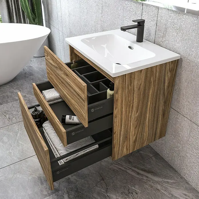 Disbain Conjunto de mueble de baño Kuntur - Ancho: 60 cm, Palisandro, 3 pzs. - Conjunto de tocador de baño moderno con cajones y chapa de madera elegante para un ambiente de baño elegante.