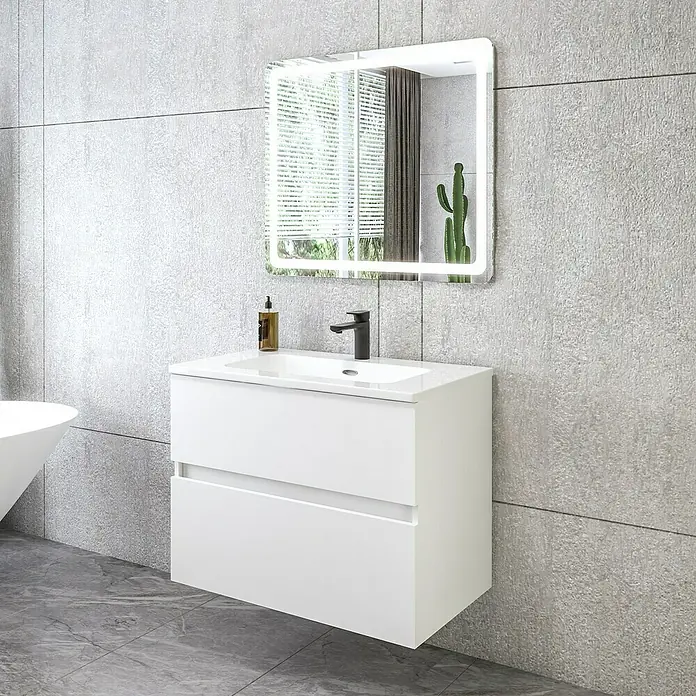 Disbain Conjunto de mueble de baño Kuntur - Ancho: 80 cm, Blanco, 3 pzs. - Baño moderno con un tocador blanco de dos cajones y un espejo iluminado montado en la pared.
