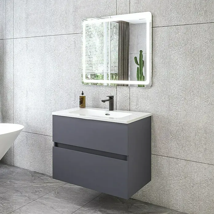 Disbain Conjunto de mueble de baño Kuntur - Ancho: 80 cm, Azul noche, 3 pzs. - Elegante lavabo de baño con mueble y espejo iluminado. Muebles de baño modernos para un diseño de baño elegante.