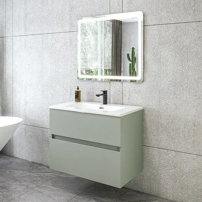 Disbain Conjunto de mueble de baño Kuntur - Ancho: 80 cm, Verde té, 3 pzs. - Moderno mueble de baño con dos cajones y espejo iluminado contra una pared gris.