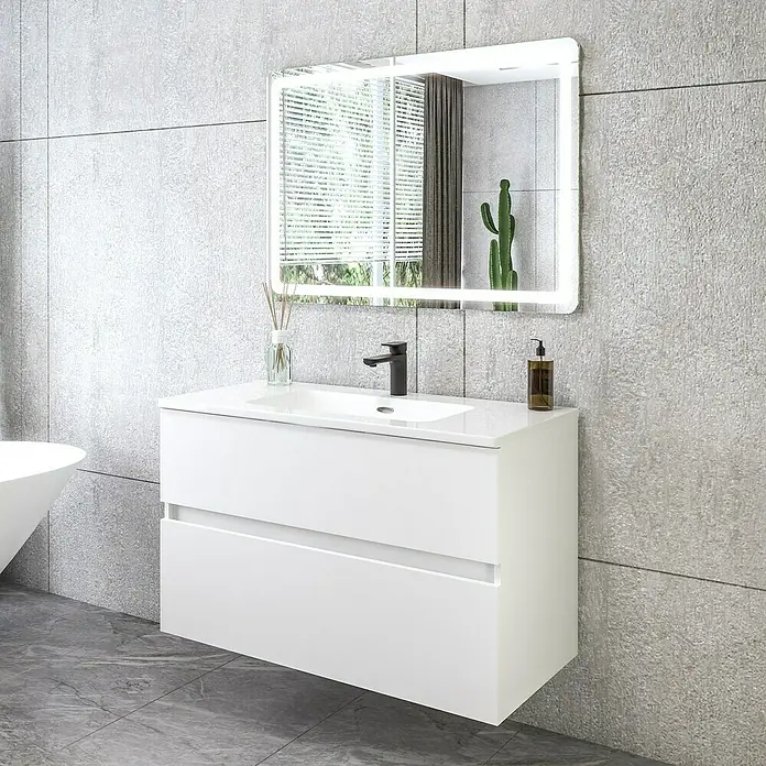 Disbain Conjunto de mueble de baño Kuntur - Ancho: 100 cm, Blanco, 3 pzs. - Baño moderno con tocador blanco de dos cajones y espejo iluminado en la pared.