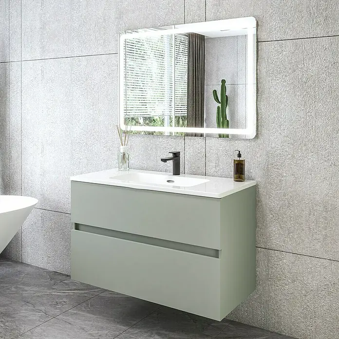 Disbain Conjunto de mueble de baño Kuntur - Ancho: 100 cm, Verde té, 3 pzs. - Elegante mueble de lavabo en verde suave con un moderno espejo iluminado para un ambiente de baño elegante.