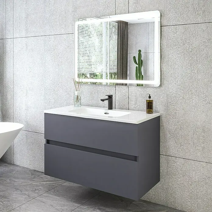 Disbain Conjunto de mueble de baño Kuntur - Ancho: 100 cm, Azul noche, 3 pzs. - Mueble de baño con armario gris, lavabo encastrado blanco, grifo negro y espejo LED, creando un ambiente de baño moderno y elegante.