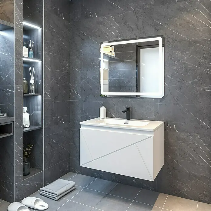 Disbain Conjunto de mueble de baño Lira - Ancho: 80 cm, Blanco, 3 pzs. - La imagen muestra un baño moderno con un tocador blanco, un espejo iluminado y azulejos grises.